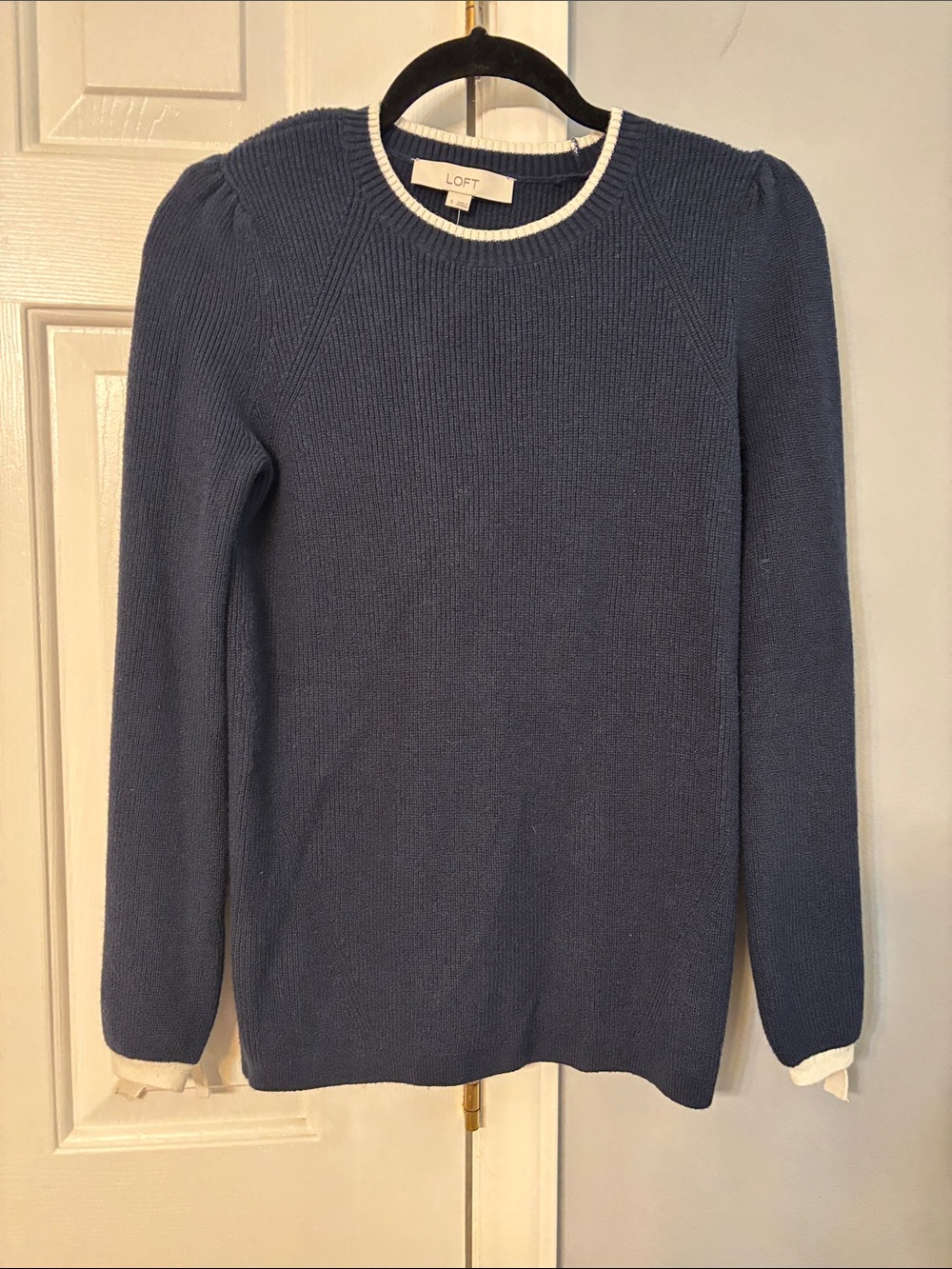 LOFT Navy Crewneck Sweater with Cream Trim